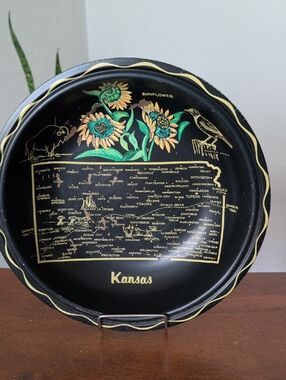 Vintage Souvenir Kansas Metal Tin Bowl with Sunflower Design